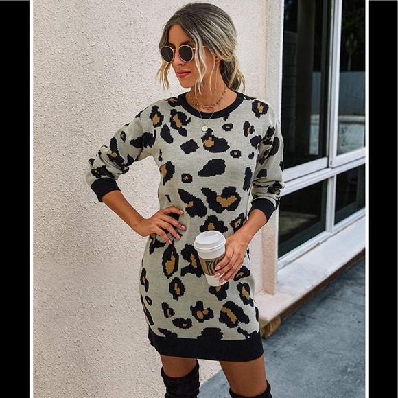 Dresses & Skirts - 🆕Leopard Print Crew Neck Pull Over Sweater Dress